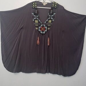 S/M grey rayon dress with bat wings and embellished cross-stitch on top. Comfy